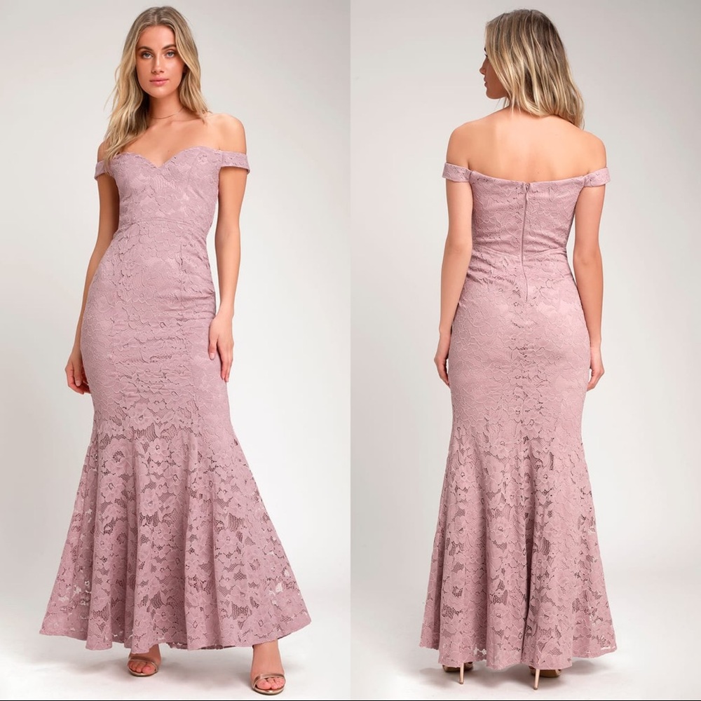 Lulu’s Lavender Lace Off-the-Shoulder Maxi Dress
